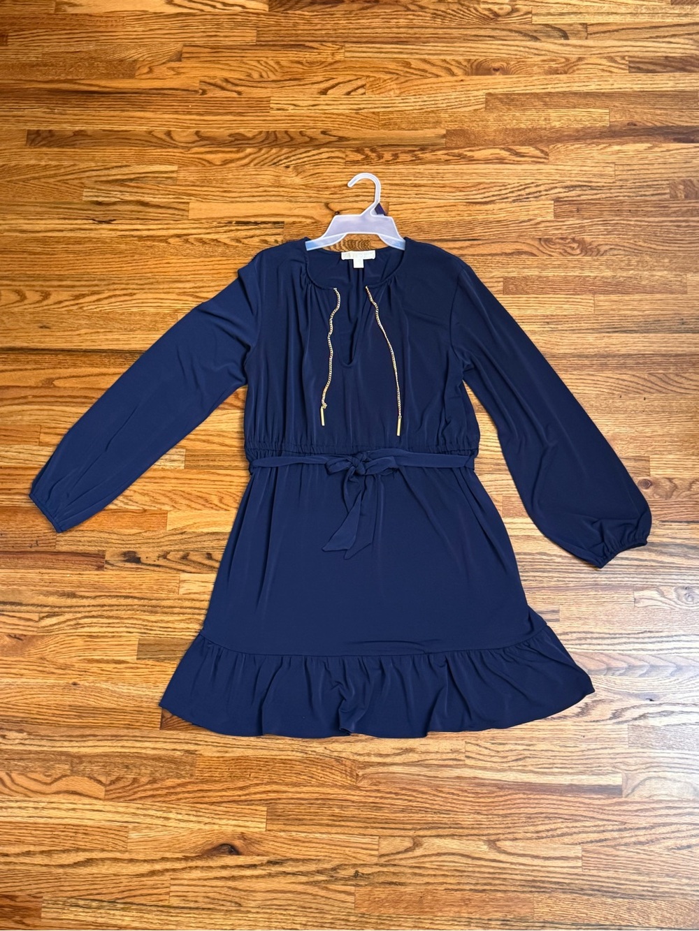 Michael Kors Navy Long-Sleeve Ruffle-Hem Dress with Tie Waist and Gold Accents